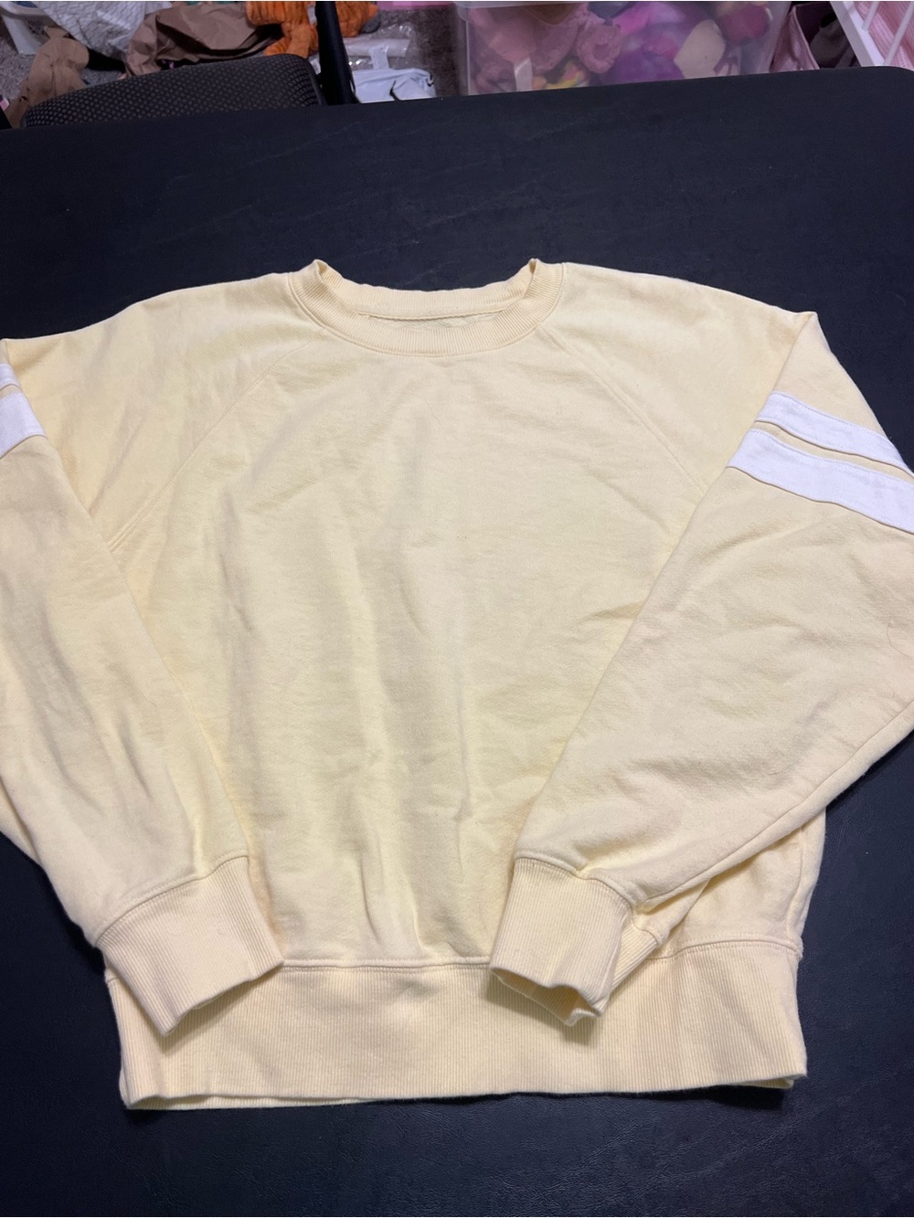 Old Navy Light Yellow Crewneck Sweater with White Sleeve Stripes